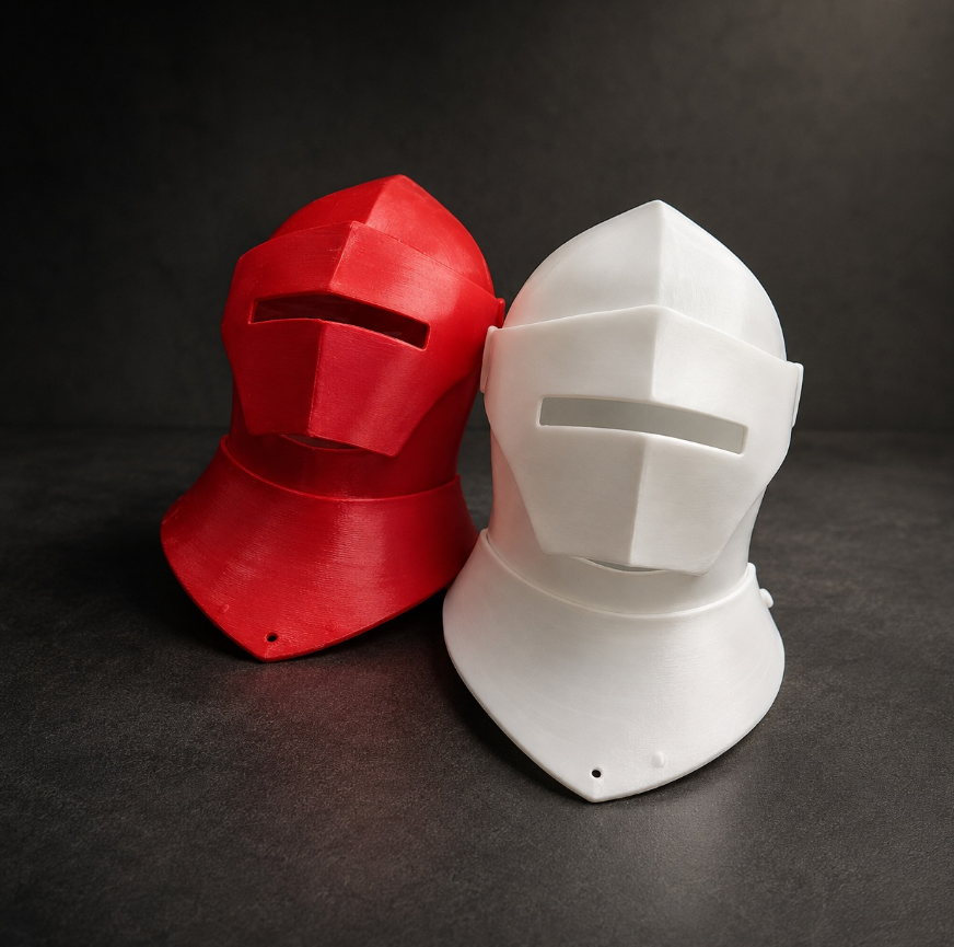 Red and white 3D-printed bascinet helmet prototypes